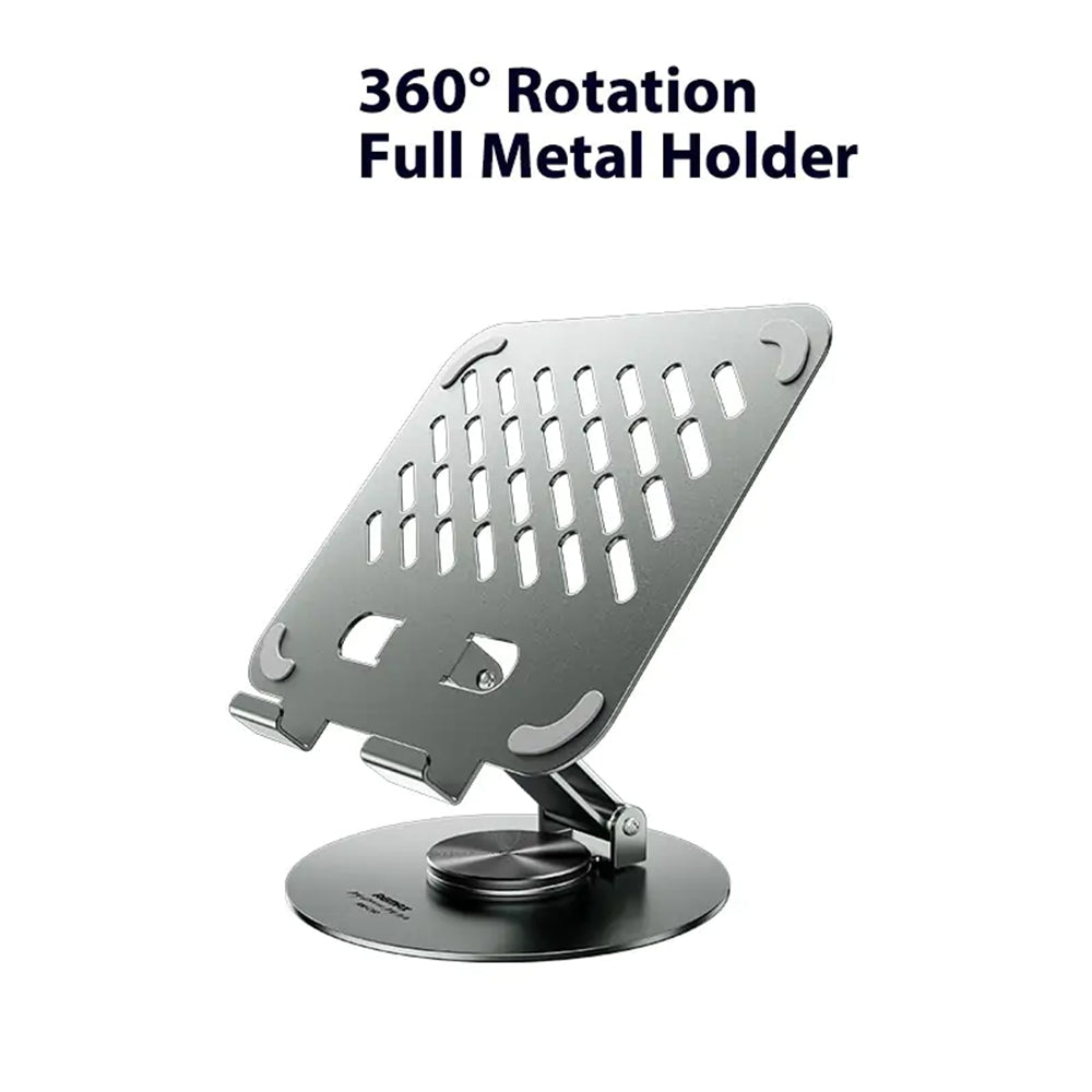 Foldable metal stand for iPad &amp; mobiles with stylish design, 360° rotation, ventilation for cooling, compact &amp; portable. Perfect for studying, working, or watching content anytime, anywhere.