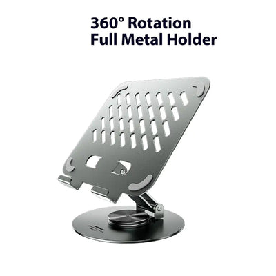 Foldable metal stand for iPad &amp; mobiles with stylish design, 360° rotation, ventilation for cooling, compact &amp; portable. Perfect for studying, working, or watching content anytime, anywhere.