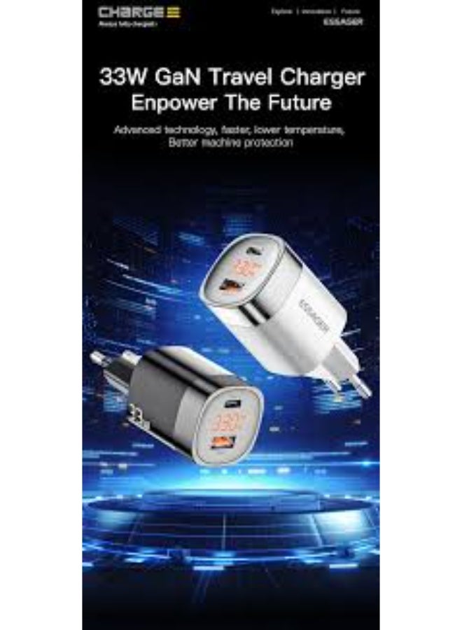 شاحن حائط ESSAGER JT-P18 GaN قوة 33W شاشة LED منفذين أسود