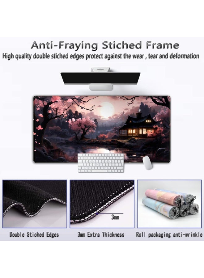 Japan Sakura Blooms Desk Mat Japanese Mouse Pad Large Cute Black Pink Aesthetic Desk Pad Gaming Mousepad Extended Keyboa