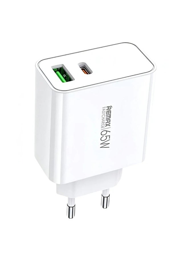 2 IN 1 Fast Charger , USB AND TYPE-C Port 65 w , mini and easy carry white color . use all devices type c and high power