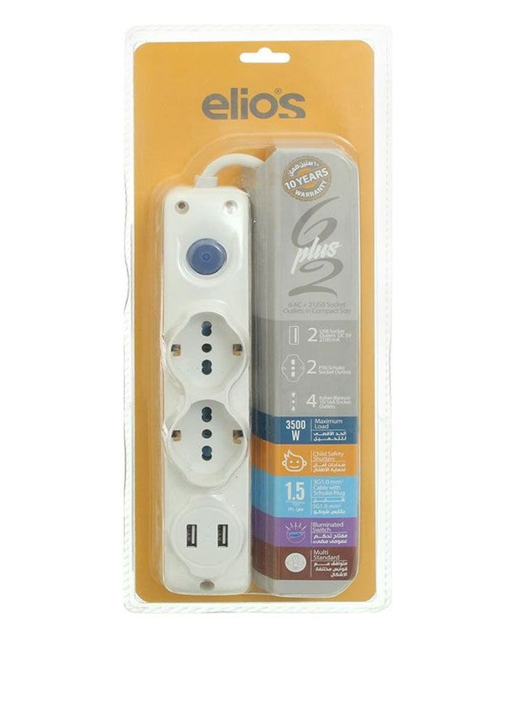 Elios Elios Electric Power Outlets Quattro power strip with 6 outlets + 2 USB - White