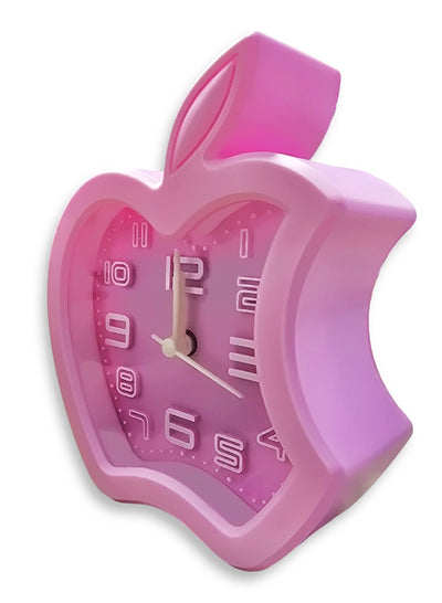 Charming little cartoon alarm clock, cute office decor, special gift, bedroom decor, innovative apple design, cheerful pink color, and elegant classic background