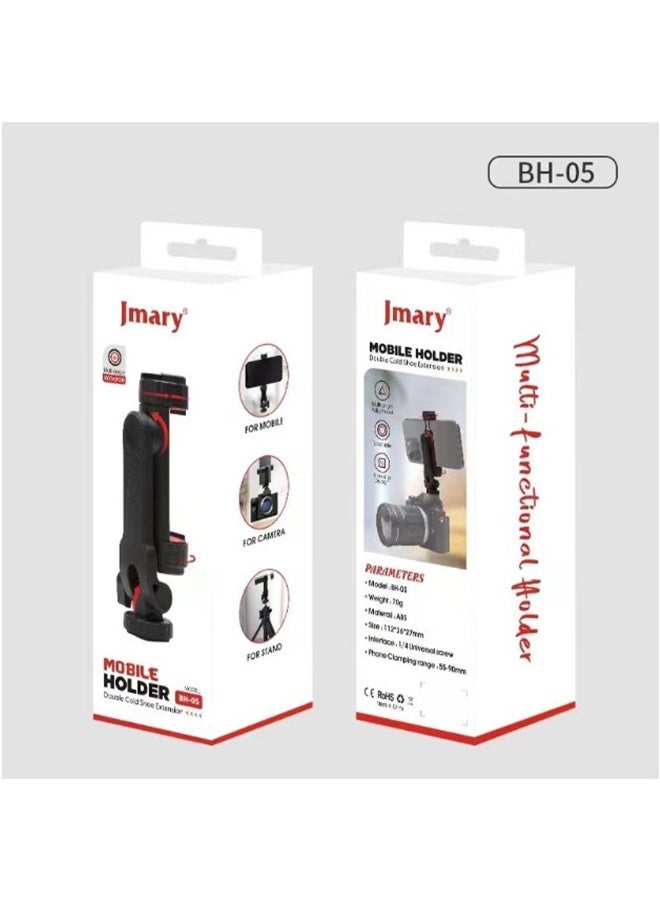 Mobile Phone Holder BH-05 with 2 Cold Shoe Ports , Lightweight and Durable ABS Design , Secure Mount for 55-90mm Width M