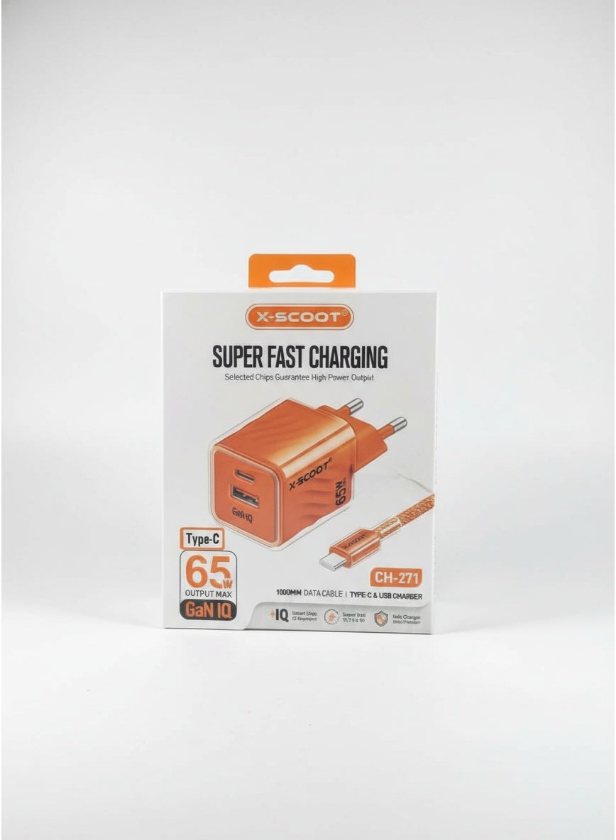 CH-271 65W Super Fast Mobile Wall Charger with Type-C Data Cable , High Speed Charging Adapter for Phone and Smartphone,