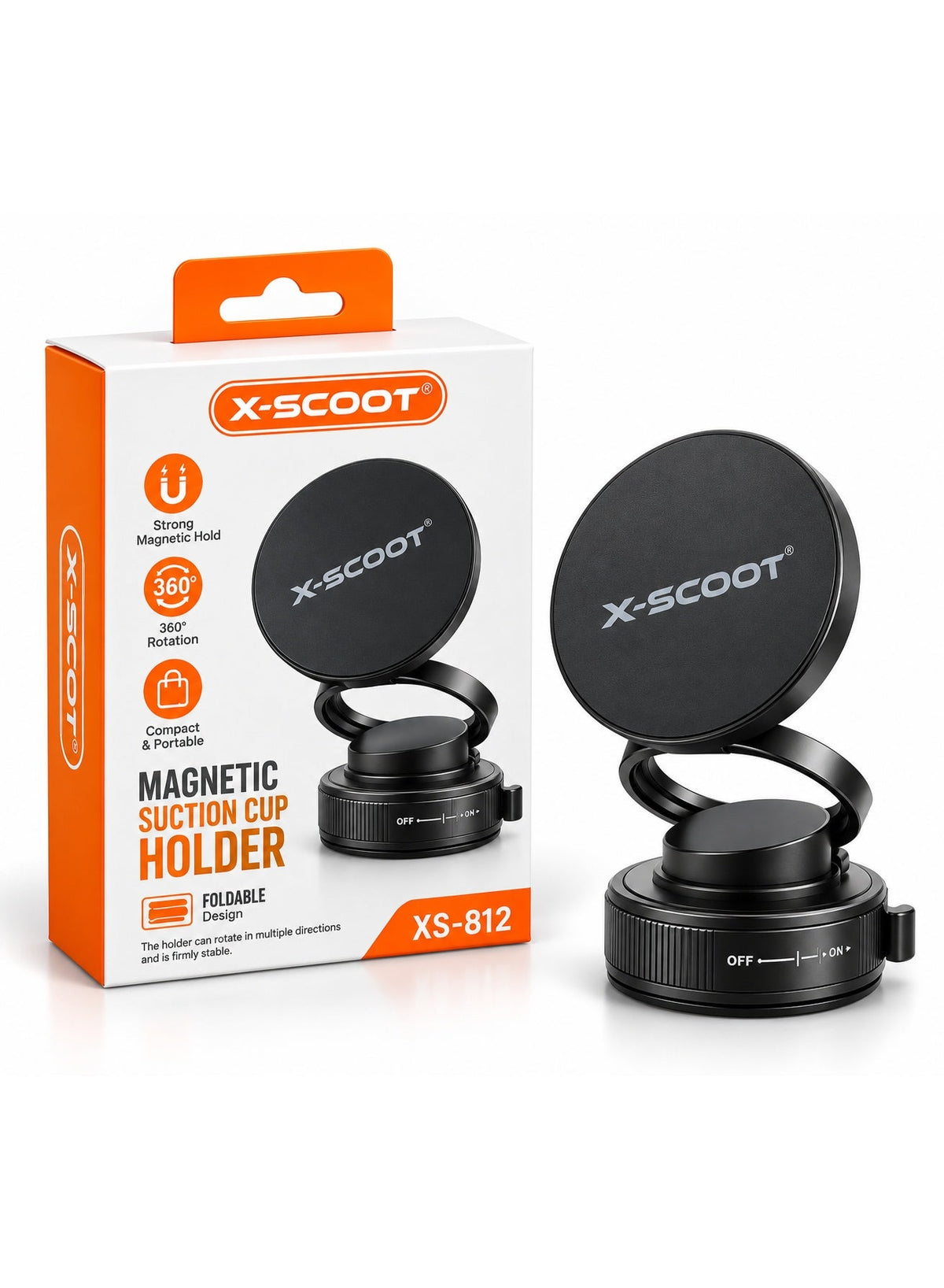 XS-812 Magnetic Suction Cup Phone Holder with Strong Magnetic Mount, 360° Rotation, Foldable Compact Design & Vacuum Suc