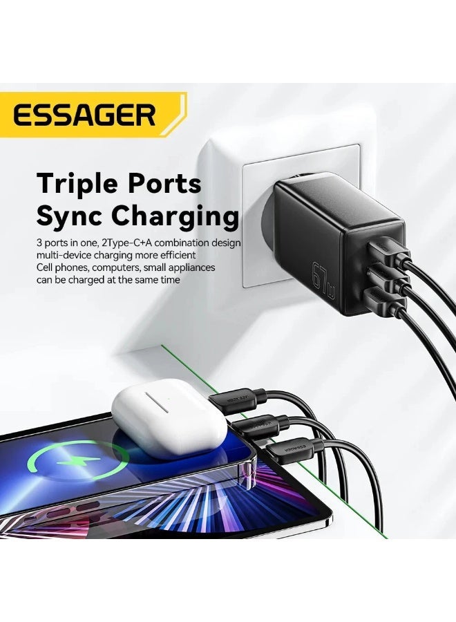 شاحن حائط ESSAGER G671A2CU GaN قوة 67W 3 منافذ QC4.0 أسود