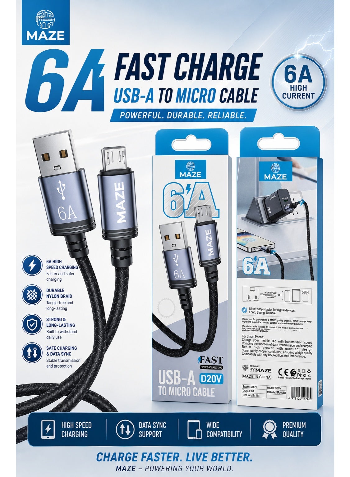 كابل MAZE D20V شحن سريع Micro USB قوة 6A أسود