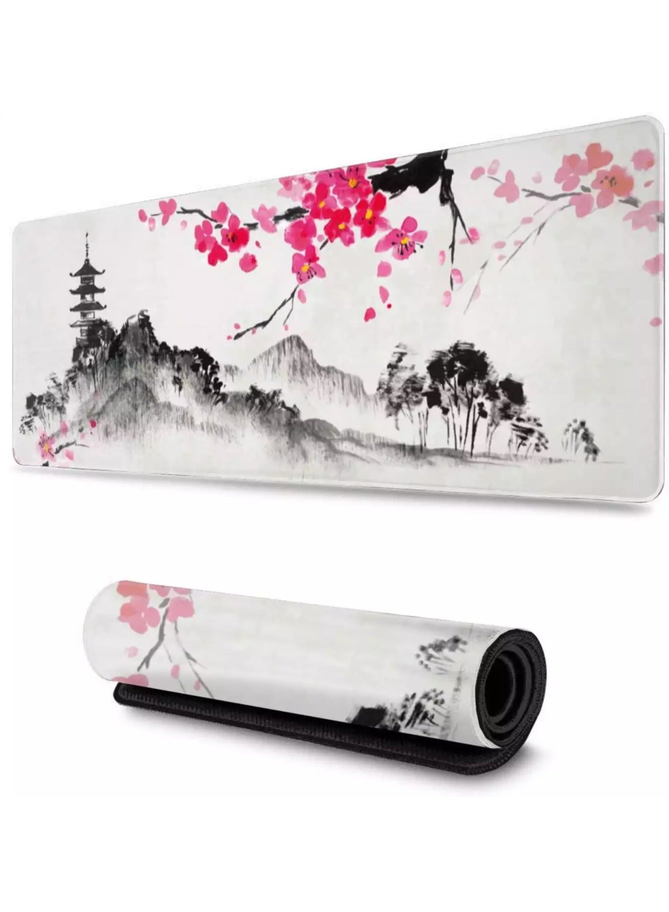 Japanese Cherry Blossom Watercolor Mouse Pad for Office Gaming XL Extended Mouse Pad ( 70x30x2mm ) Non-Slip Stitched Edges for Keyboard Laptop