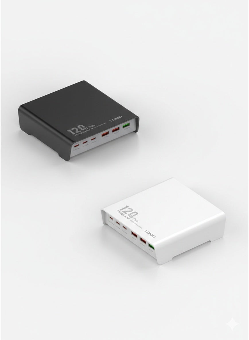 Q605 Multi Ports Desktop Charging Station 120W , 6 Port USB Charger (3 USB-C + 3 USB-A), PD3.0 QC3.0 PPS Fast Charging A