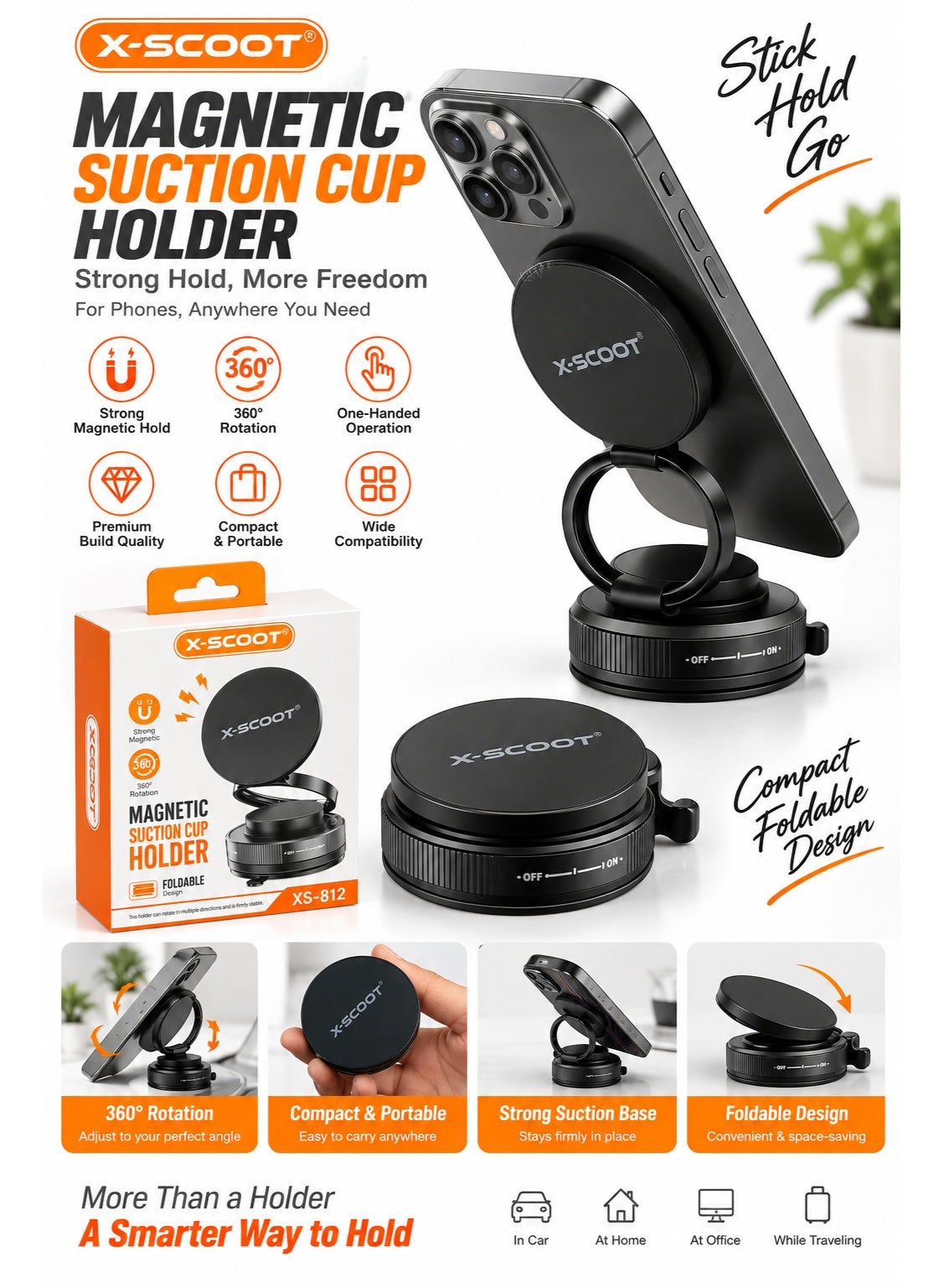 XS-812 Magnetic Suction Cup Phone Holder with Strong Magnetic Mount, 360° Rotation, Foldable Compact Design & Vacuum Suc