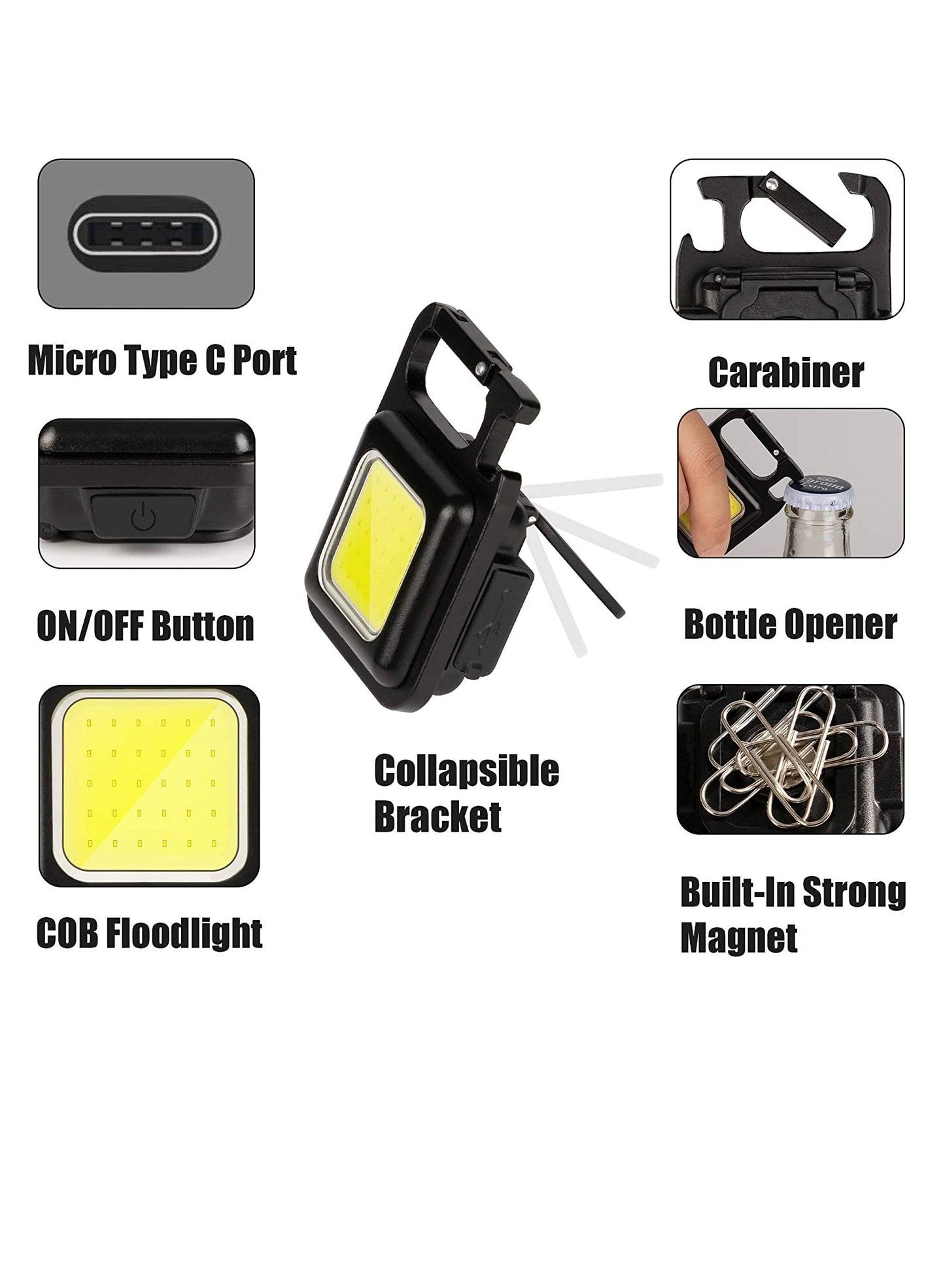 Emergency Light Key Chain LED Light 800 Lumens COB Rechargeable Keychain Mini Flashlight 4 Light Modes Portable Pocket Light with Folding Bracket Bottle Opener and Magnet Base for Fishing Walking Camp