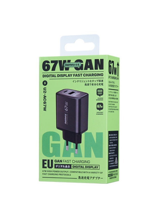 67W GaN Fast Charger with Digital Display U2-AC , Dual Port Type-C & USB Adapter for Laptop, iPhone, and Android