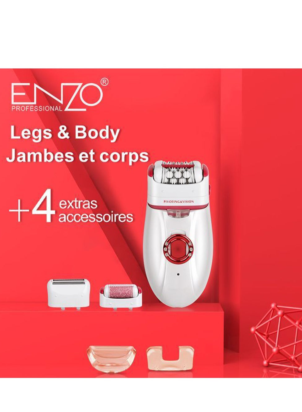 ENZO General hair removal in different parts of the body for women. Model EN-3166 is designed for comfort and ease of use at home, and comes with 4 different usage accessories.