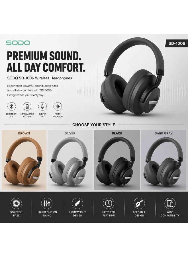 SD-1006 Wireless Bluetooth 5.1 Over-Ear Stereo Headphones with 40mm Dynamic Drivers, TF Card Slot, Built-In Microphone, 