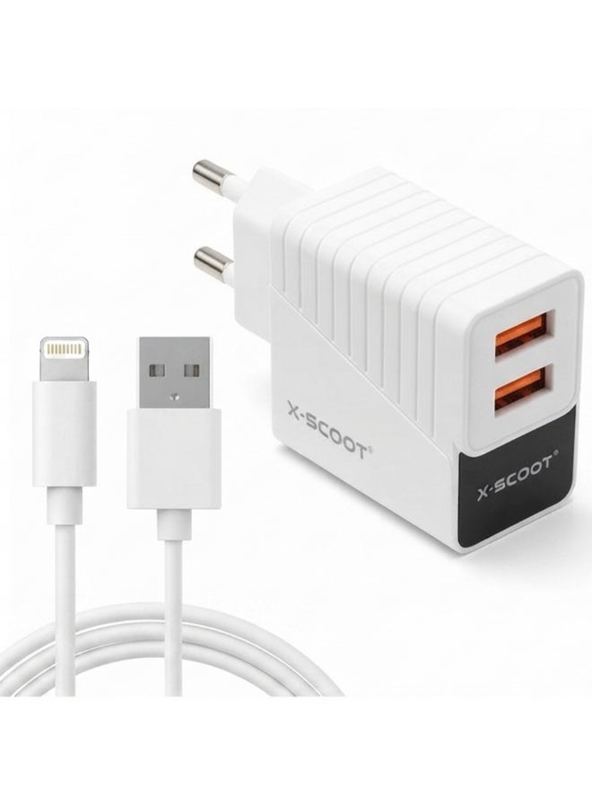 شاحن حائط X-SCOOT CH-232 منفذين USB مع كابل Lightning أبيض