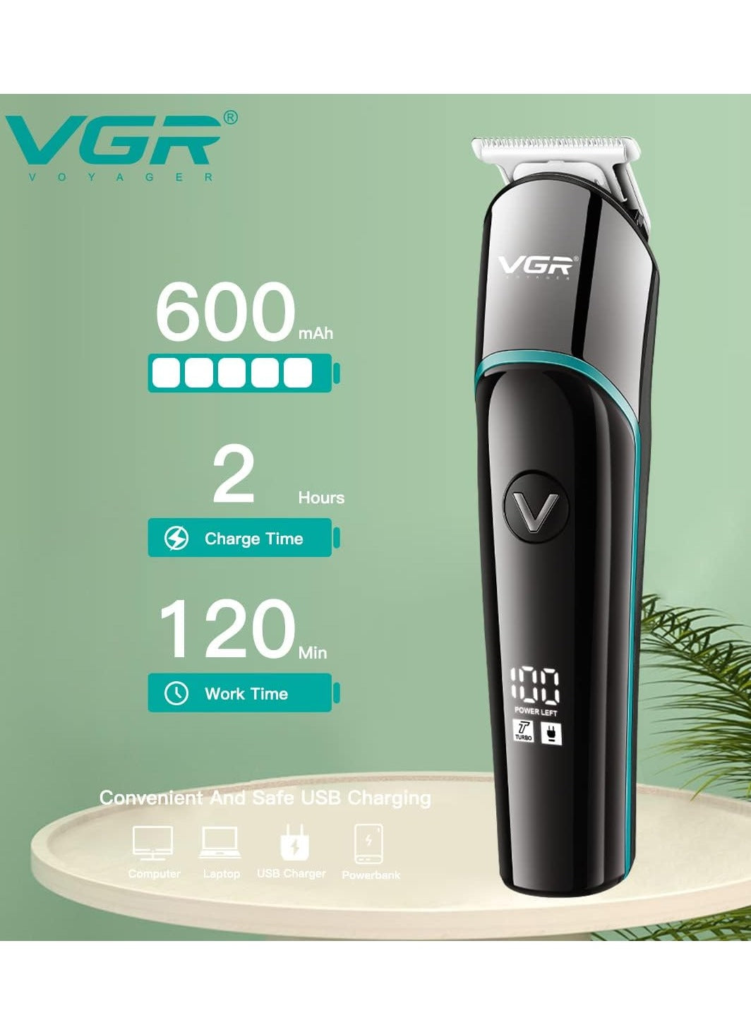 VGR V-291 Professional Rechargeable Turbo Function Cordless Beard/Hair Trimmer Kit With Guide Comb, Usb Charging Cord For Men