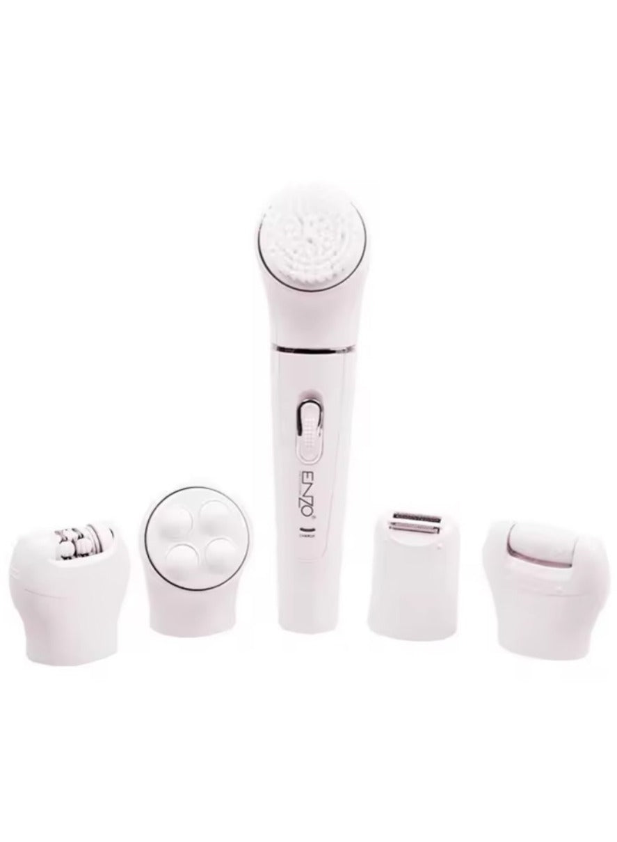 ENZO 5 in 1 painless hair removal device with a massager to relieve pain after hair removal. An easy and practical women's shaving machine that also contains a cleaning brush and a callus remover for soft and supple skin, model EN-0104.