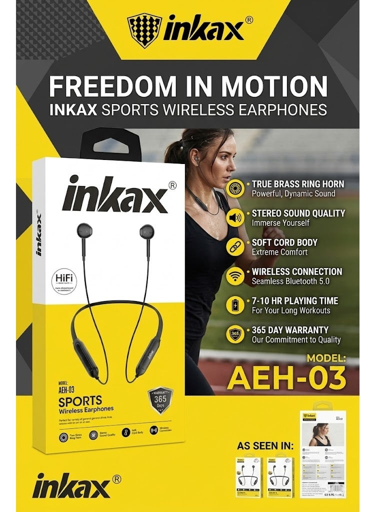AEH-03 Bluetooth Neckband In-Ear Sports Earphones with HiFi Stereo Sound, Wireless Magnetic Earbuds with Ergonomic Neckb