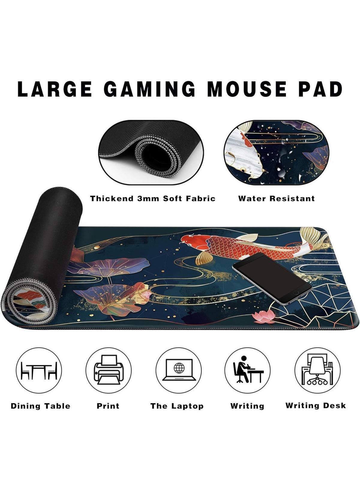 Gaming Mouse Pad koi Desk Pad, Extended Big Mouse Pad, 70 x 30 cm Large Computer Keyboard Mouse Mat Mousepad with 2mm No