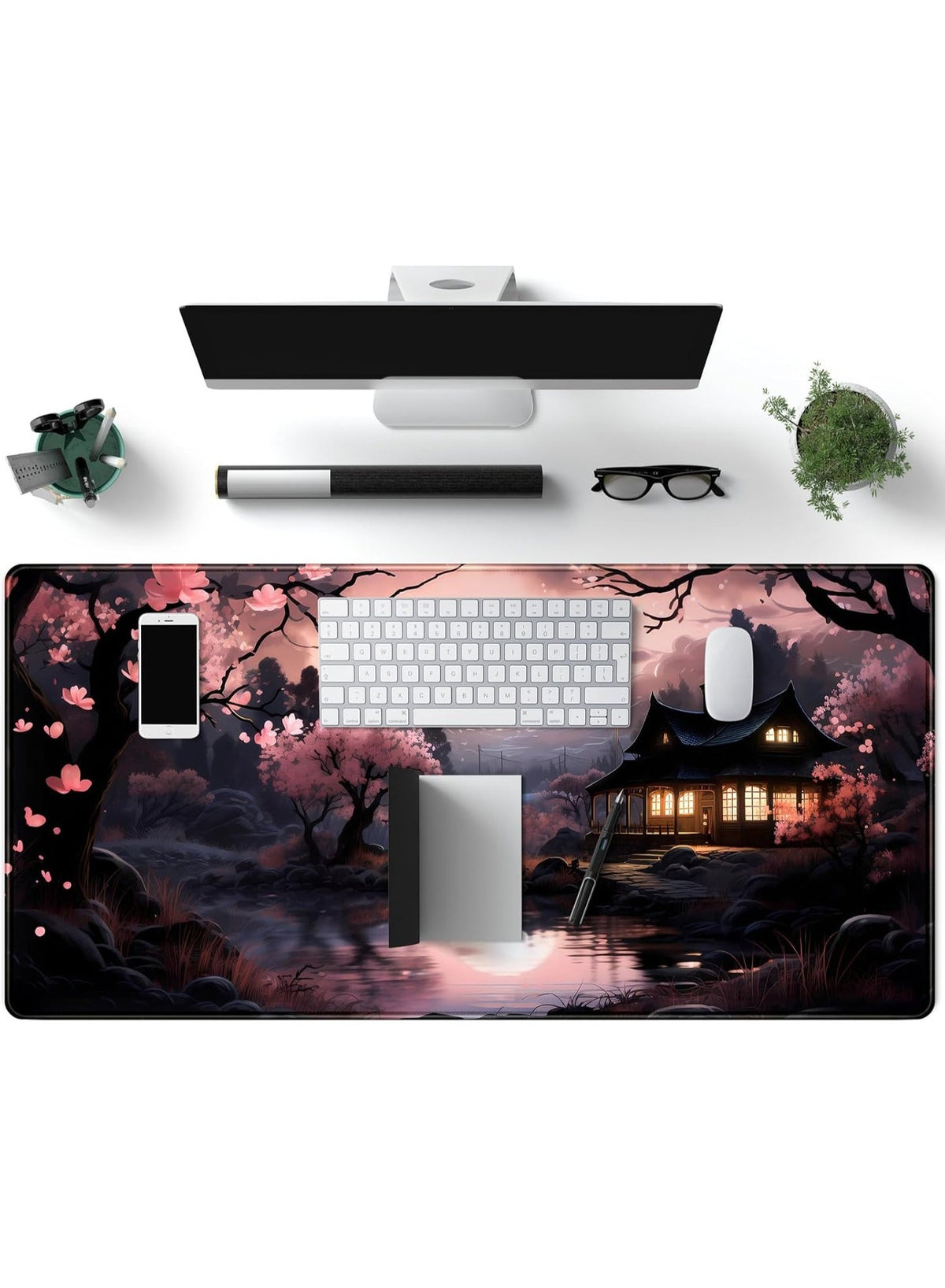 Japan Sakura Blooms Desk Mat Japanese Mouse Pad Large Cute Black Pink Aesthetic Desk Pad Gaming Mousepad Extended Keyboa