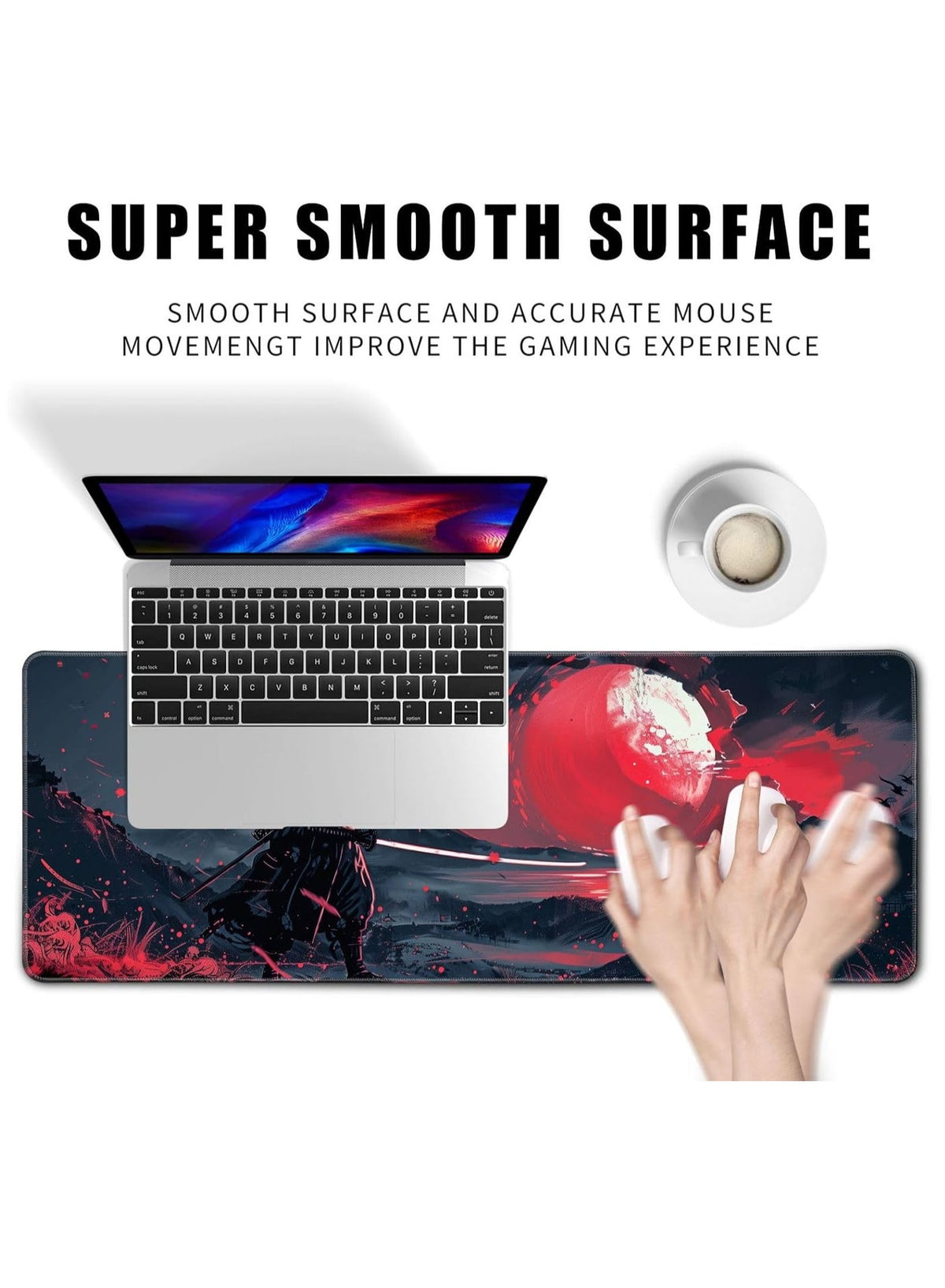 Black Desk Mat Japanese Samurai Mouse Pad Large Red Anime Big Mousepad Gaming Large Mouse Pad for Men Desk Pad with Stit