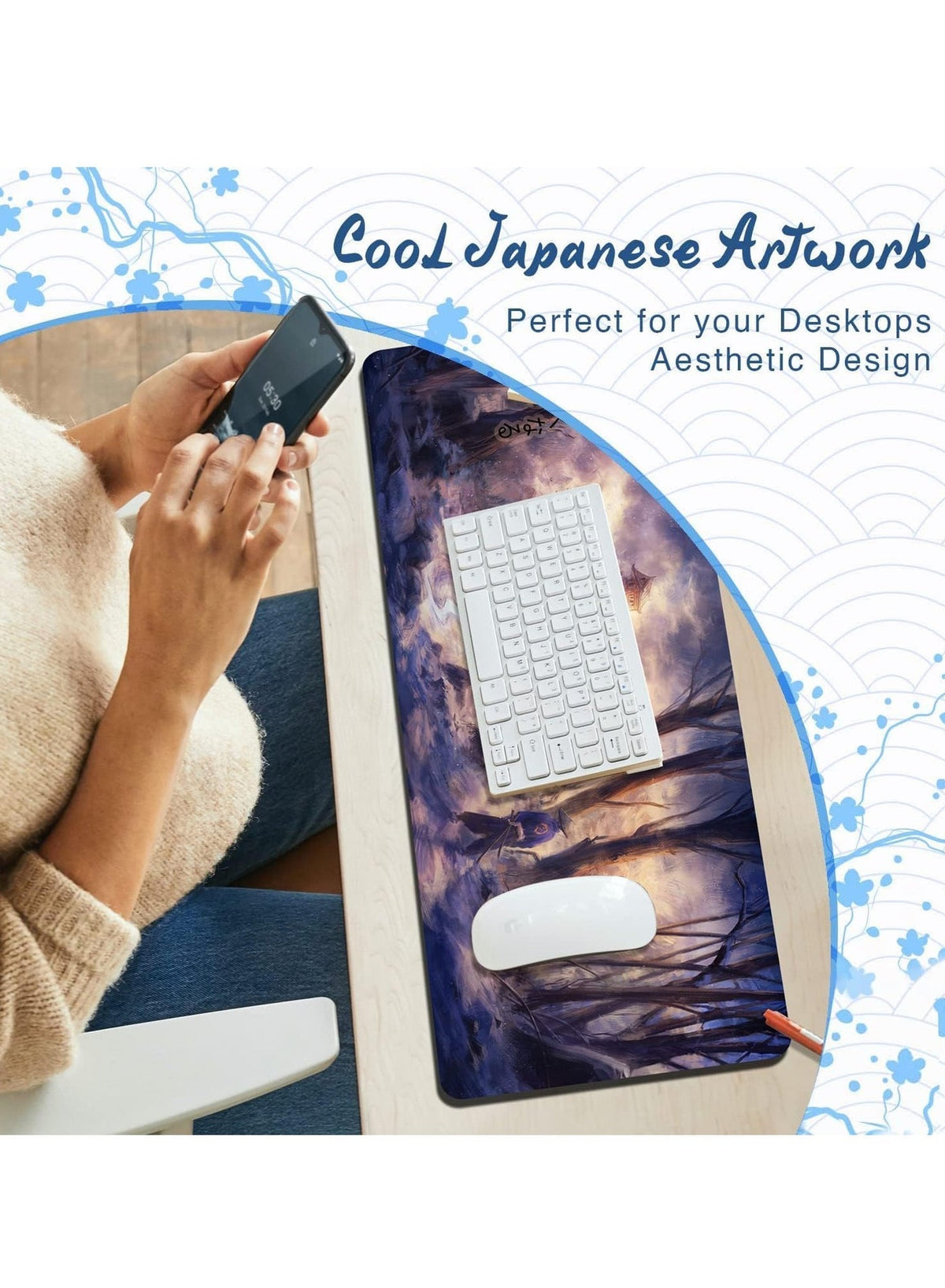 Large Japanese Mouse Pad ( 700x300x2mm ), HD Printing Style Desk Mat, Mouse and Keyboard Pad Extended, Water Proof Fabri