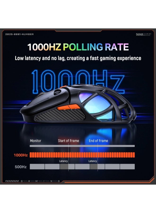 DM02 Tri-Mode RGB Gaming Mouse with 2.4GHz Wireless, Bluetooth & Wired Connectivity, Lightweight Honeycomb Shell Design,