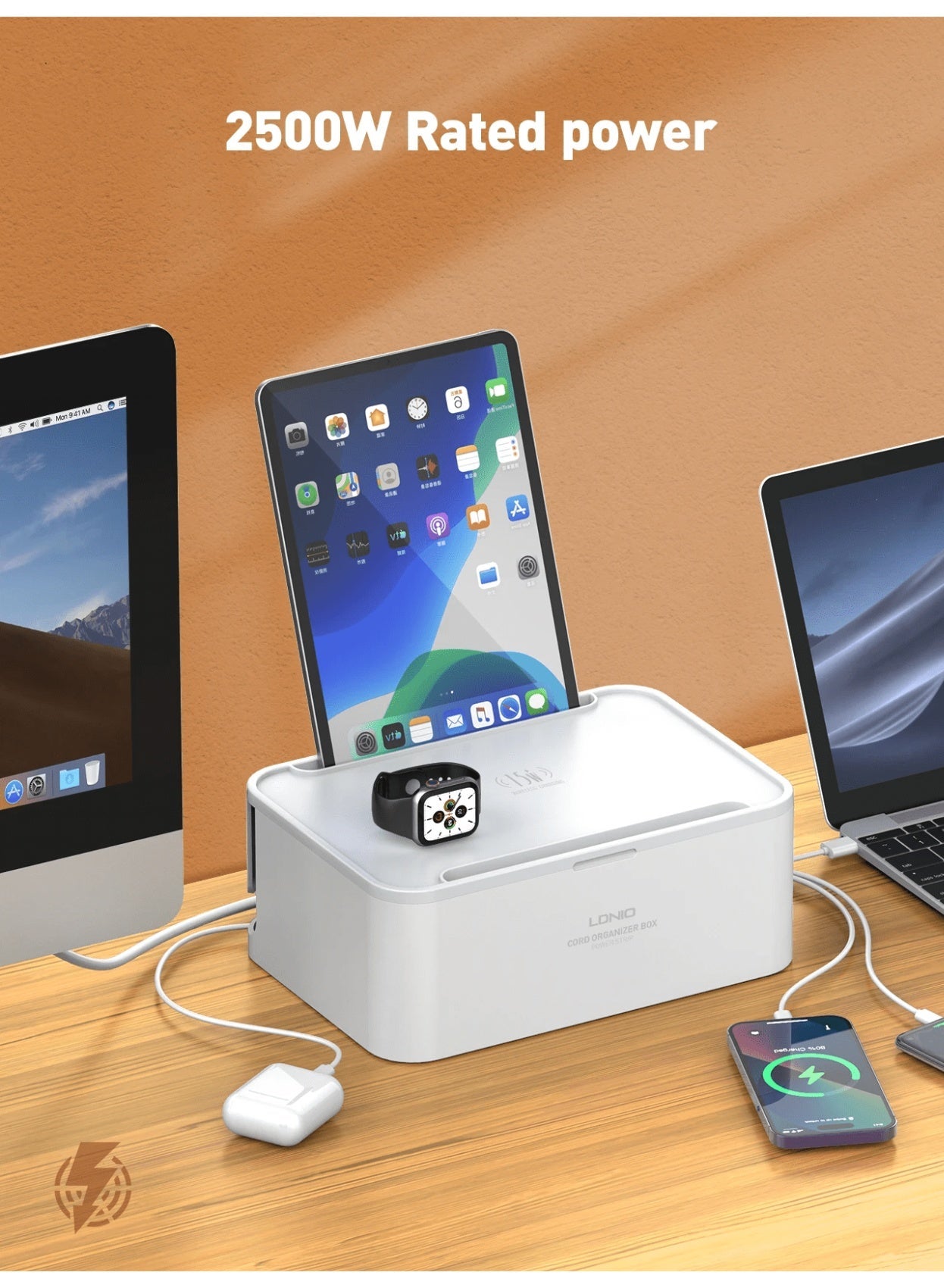 SN5310W 15W Wireless Charging Power Strip with 2M Extension Cord, 2500W Surge Protector, USB-C PD 20W, QC 3.0 Fast Charg