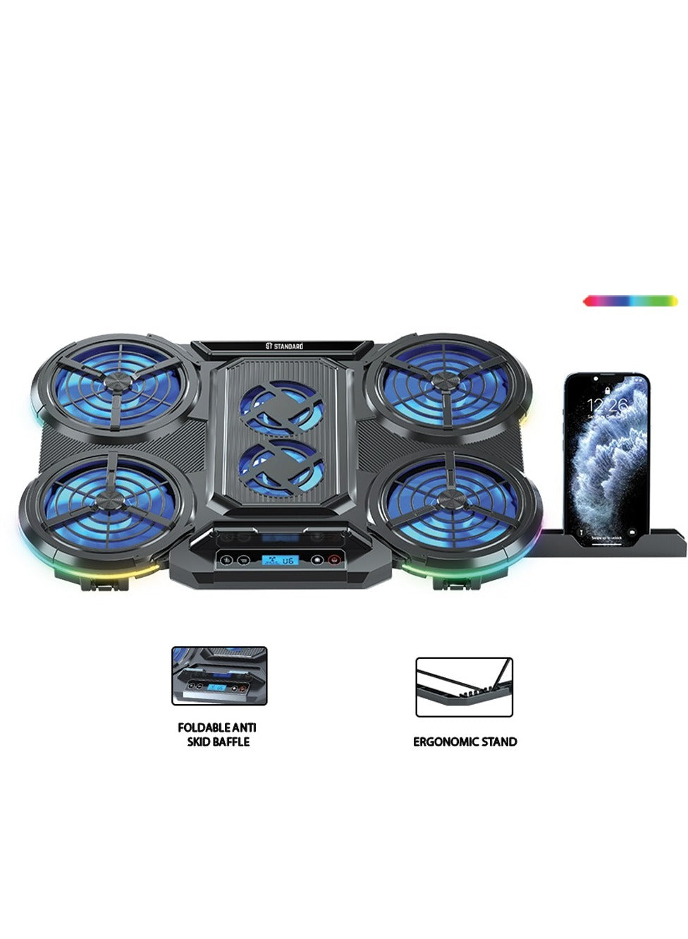 Standard Laptop Cooler Support ICE-08 With 10 RGB Lighting Modes , LCD Screen - With blue Led of fans , 2USB ports & 7 Levels And mobile phone holder ( 410x285x40mm )