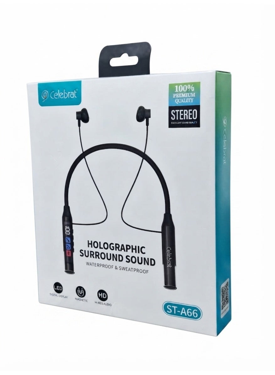 ST-A66 Wireless Neckband Earphones, Bluetooth Sports Headphones with Holographic Surround Sound, Waterproof & Sweatproof