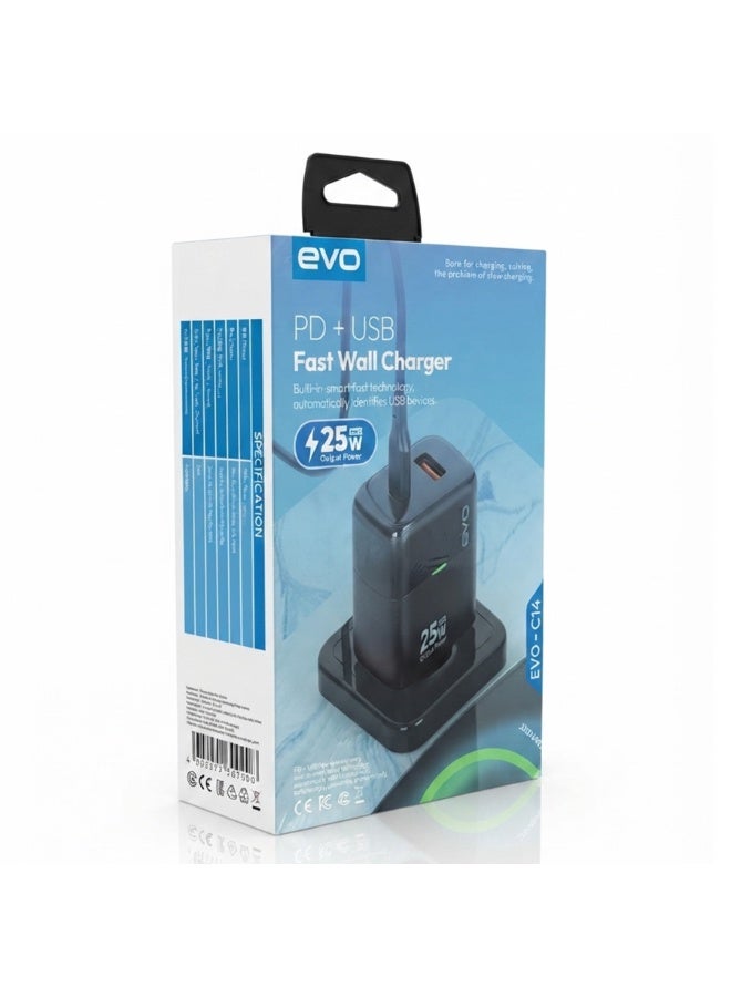 EVO-C14 25W Fast Wall Charger with USB-C Power Delivery and USB Port, Dual Port Fast Charging Adapter, Smart Chip USB-C 