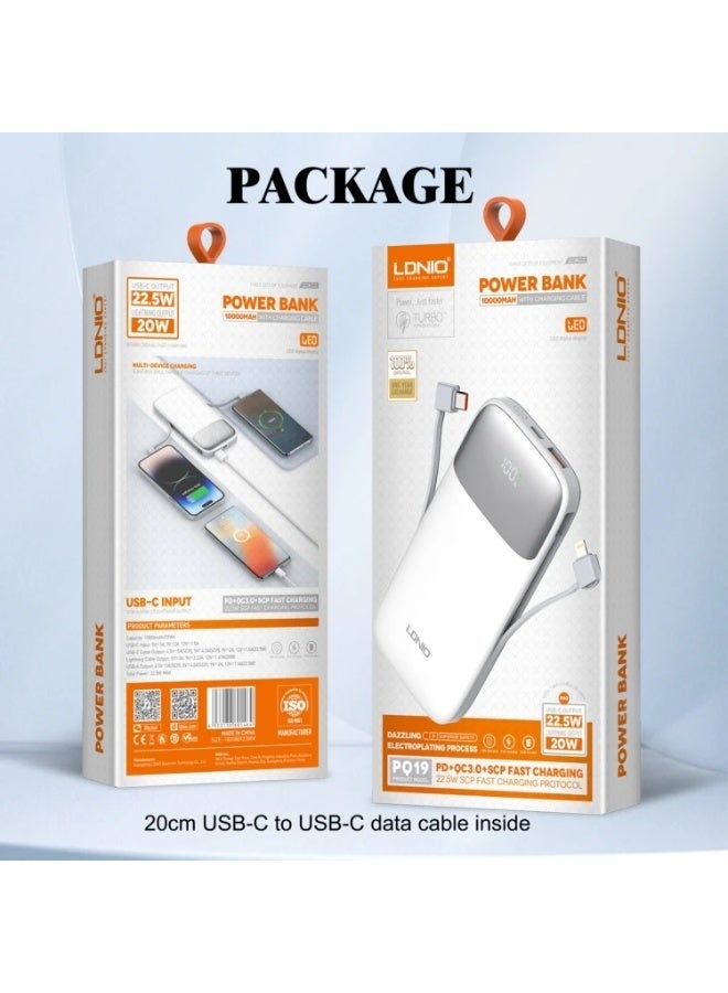 PQ19 10000mAh Fast Charging Power Bank with Built-In Charging Cables, 22.5W USB-C Quick Charge Output, 18W USB-C Fast In