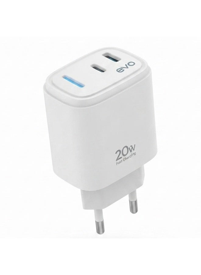EVO-C02 20W Fast Wall Charger with USB-C Power Delivery and USB Port, Type-C to Lightning Cable Included, Dual Port Quic