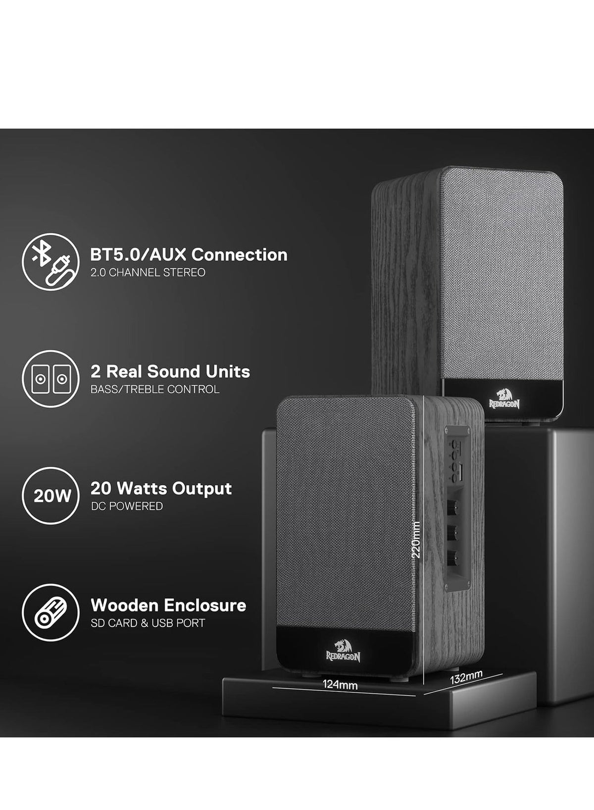GS813 Wireless Desktop Speakers, 2.0 Channel Bookshelf Speaker with Powerful 20W Output, BT 5.0/3.5mm AUX Connection, En