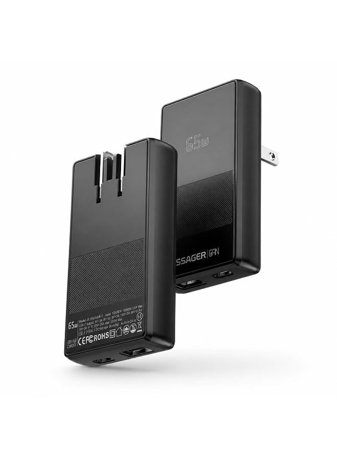 شاحن حائط ESSAGER JT-CG65AC1U1 GaN قوة 65W منفذين PD رفيع أسود