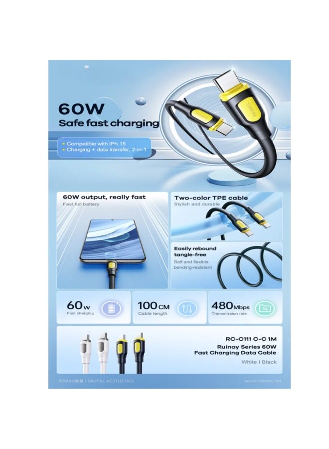 Fast Charging Cable RC-C111 Ruinay Series 60W , Type-C to Type-C Cable , 1M Durable TPE Material, Anti Tangle Design, 48