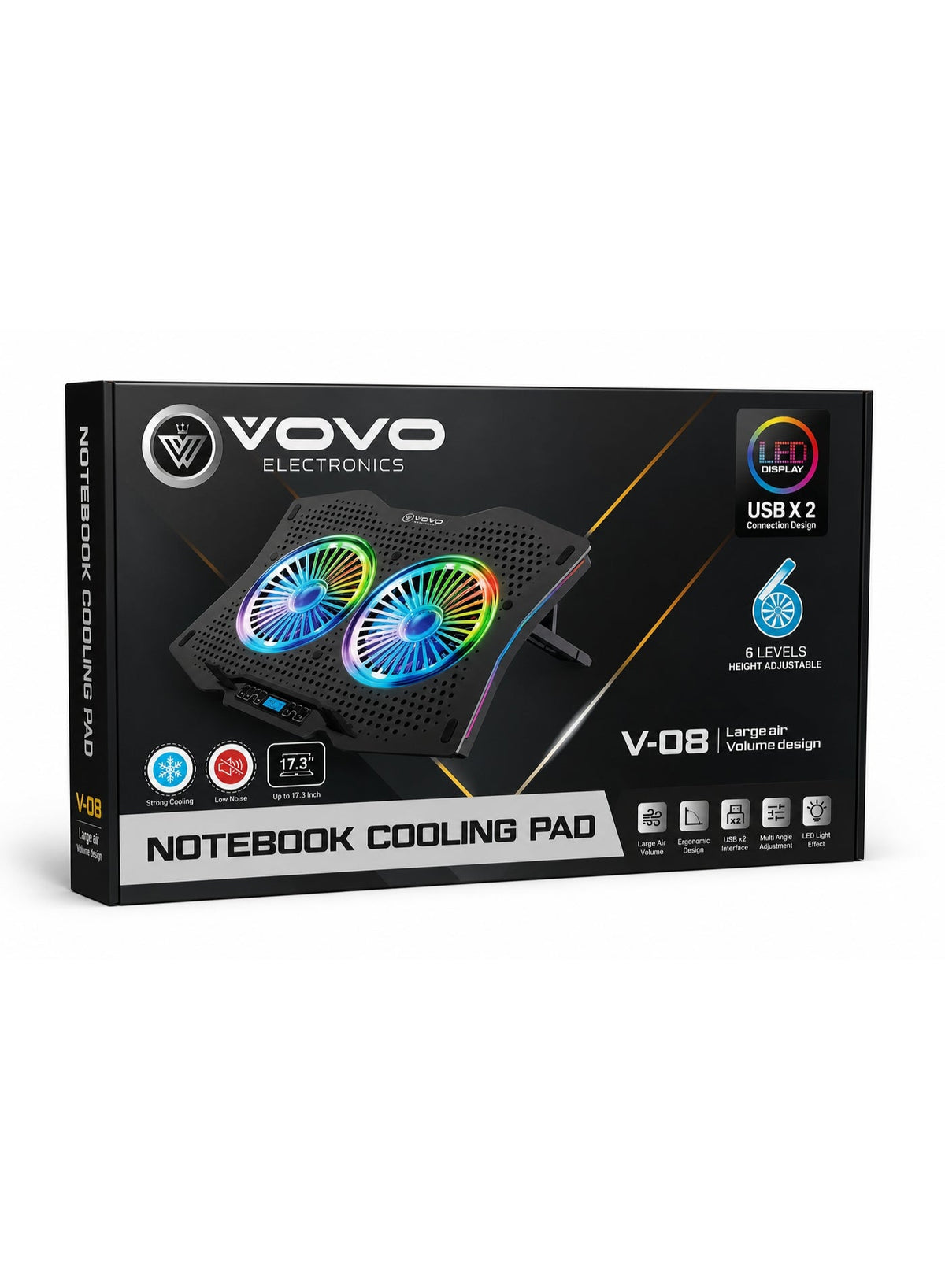 V-08 Laptop Cooling Pad with Dual 140mm Silent Cooling Fans, LED LCD Display, Adjustable Fan Speed Control, 7 Angle Ergo
