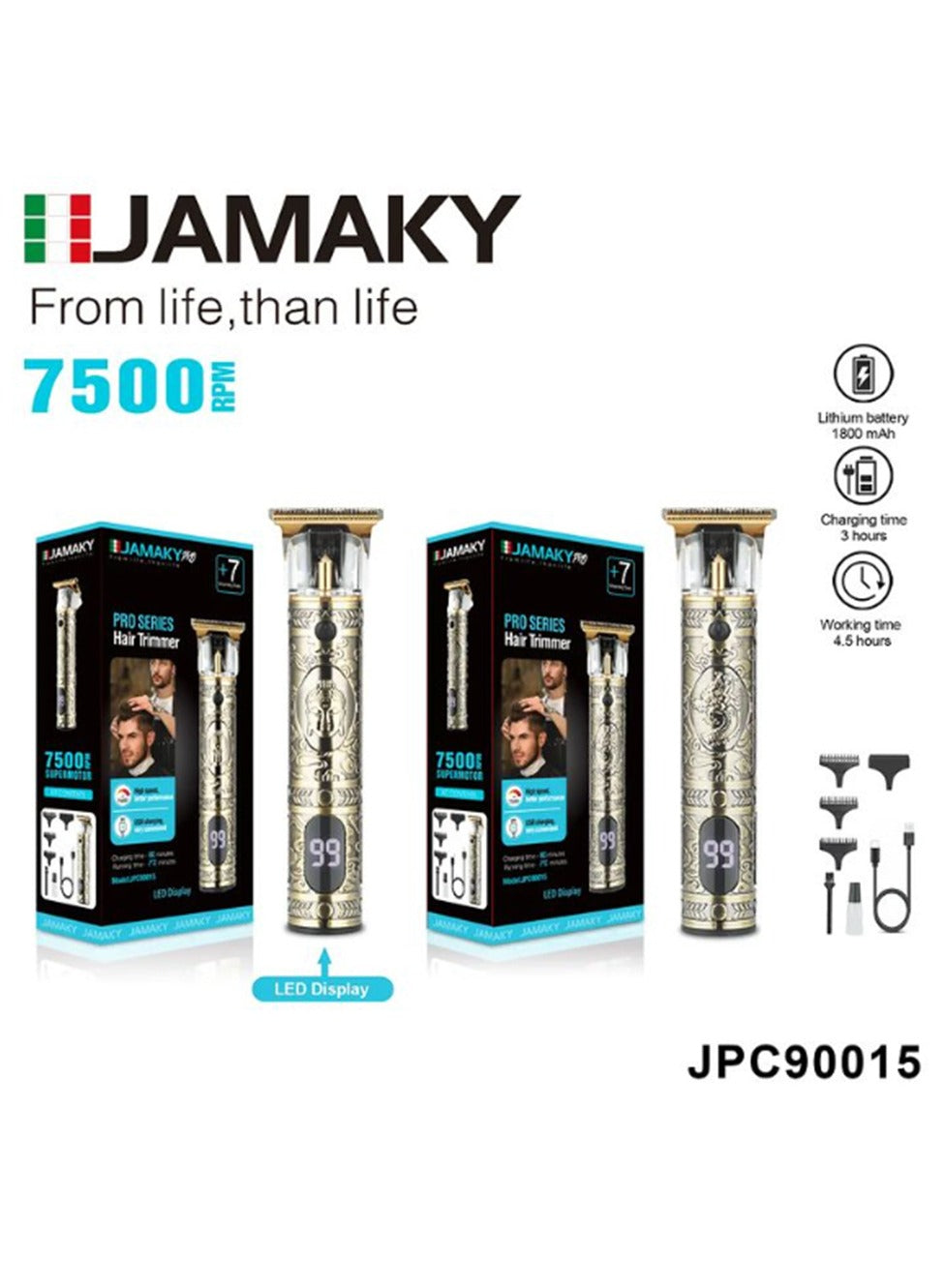 JAMAKY Italy Electric Pro Series Cordless Hair & Beard Trimmer for Men with Italian technology - Stainless Blades, 7 Combs, 5W, USB - 7500Rpm