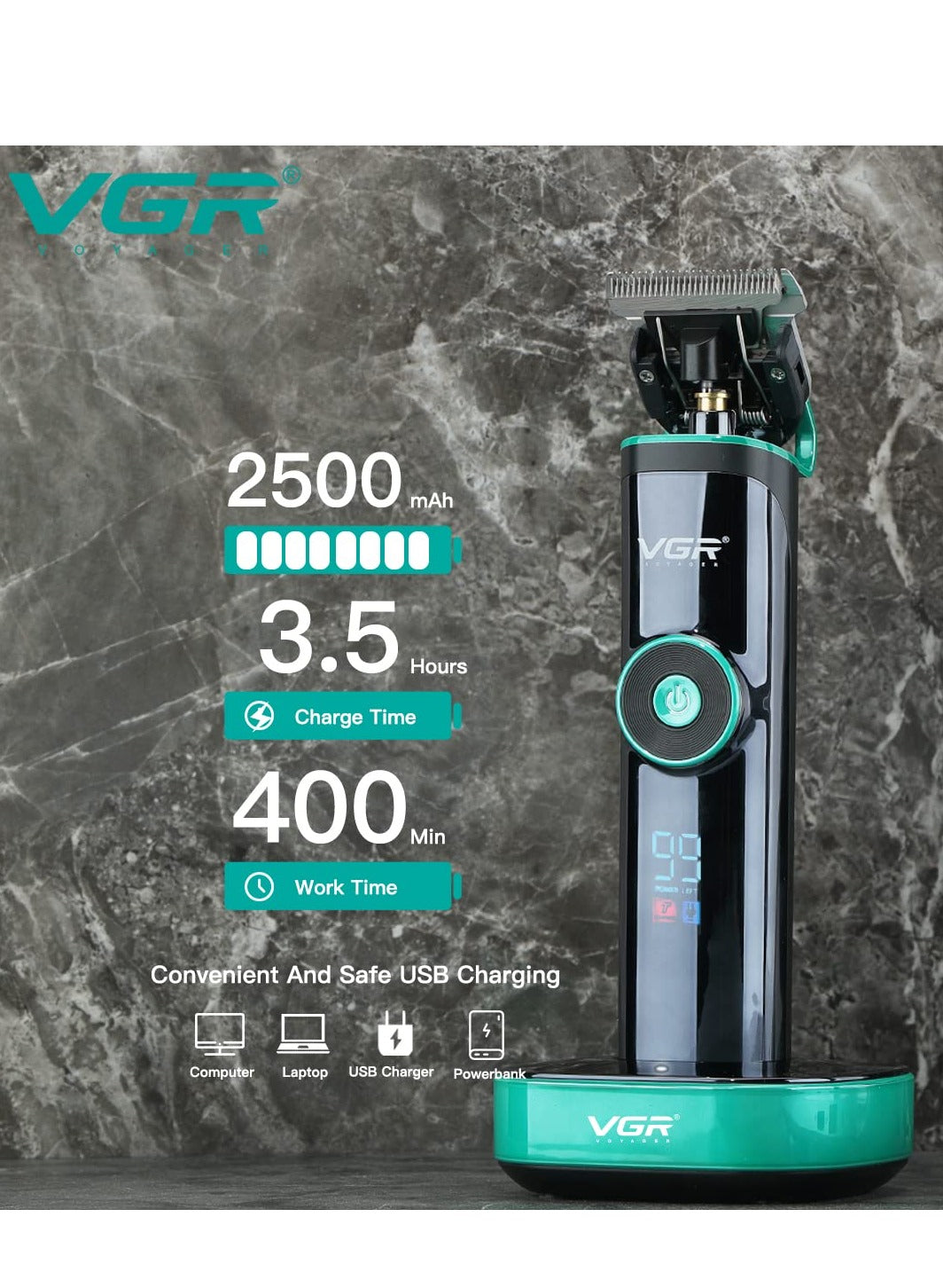 VGR V-671 Salon Series Professional Digital Display Cordless Hair Clipper with Dual motor Beard Trimmer for Men Rechargeable Li-ion Battery 2500mAh 400 minutes Runtime USB Powered Charging Pod & Stand