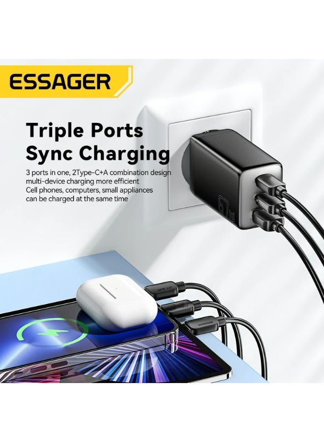شاحن حائط ESSAGER JT-G67TC2U1 GaN قوة 67W منفذ Type-C PD3.0 أسود