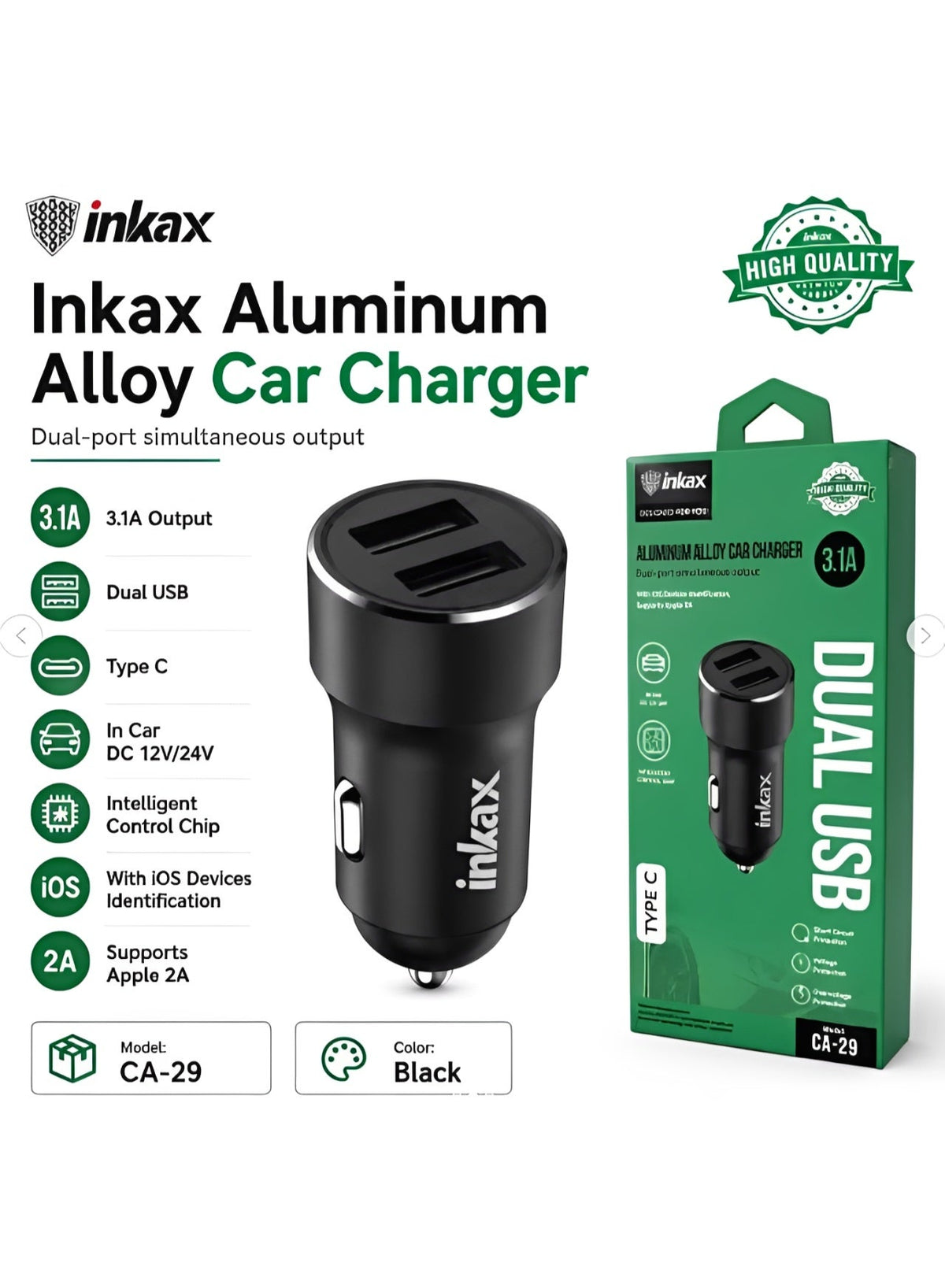 CA-29 Dual USB Car Charger 3.1A Fast Charging Adapter, Aluminum Alloy Metal Car Charger with Dual Port Output, Intellige