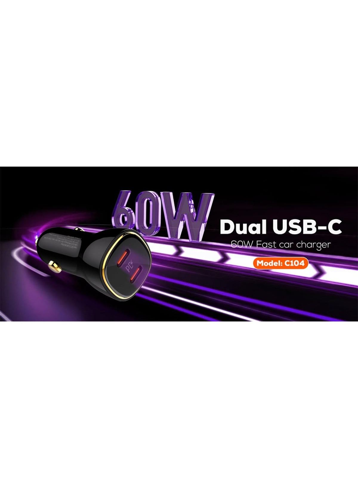 60W Dual Port Super Fast Car Charger with PD 30W USB-C and QC 30W USB-A Fast Charging, USB-C to USB-C Cable Included, Hi