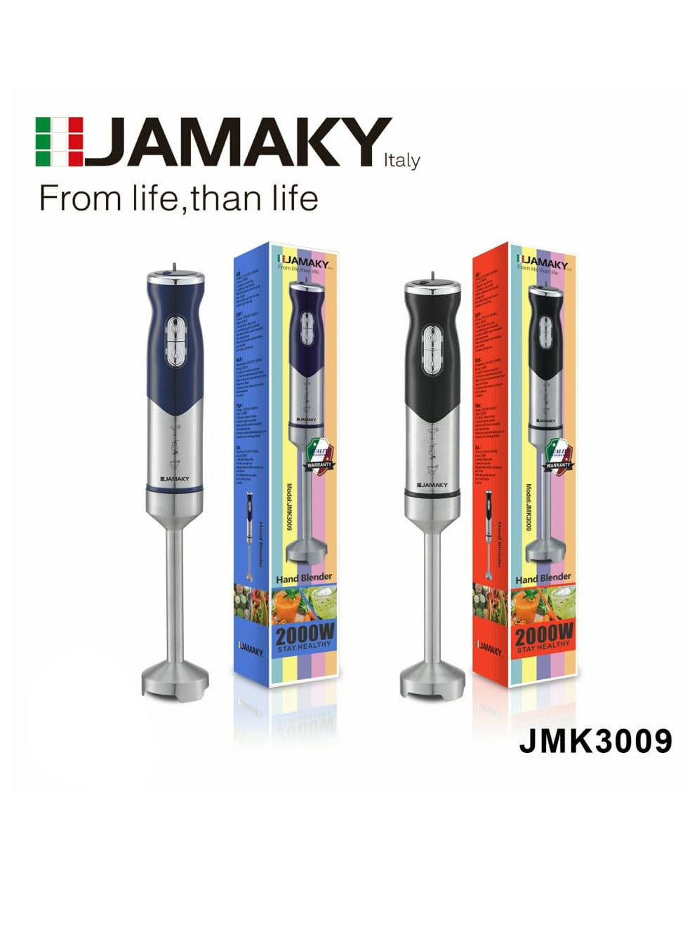 JAMAKY Italy Hand Blender, 2000 watts, multi-speed, strong and sharp blades for multi-use - jmk3009 Black