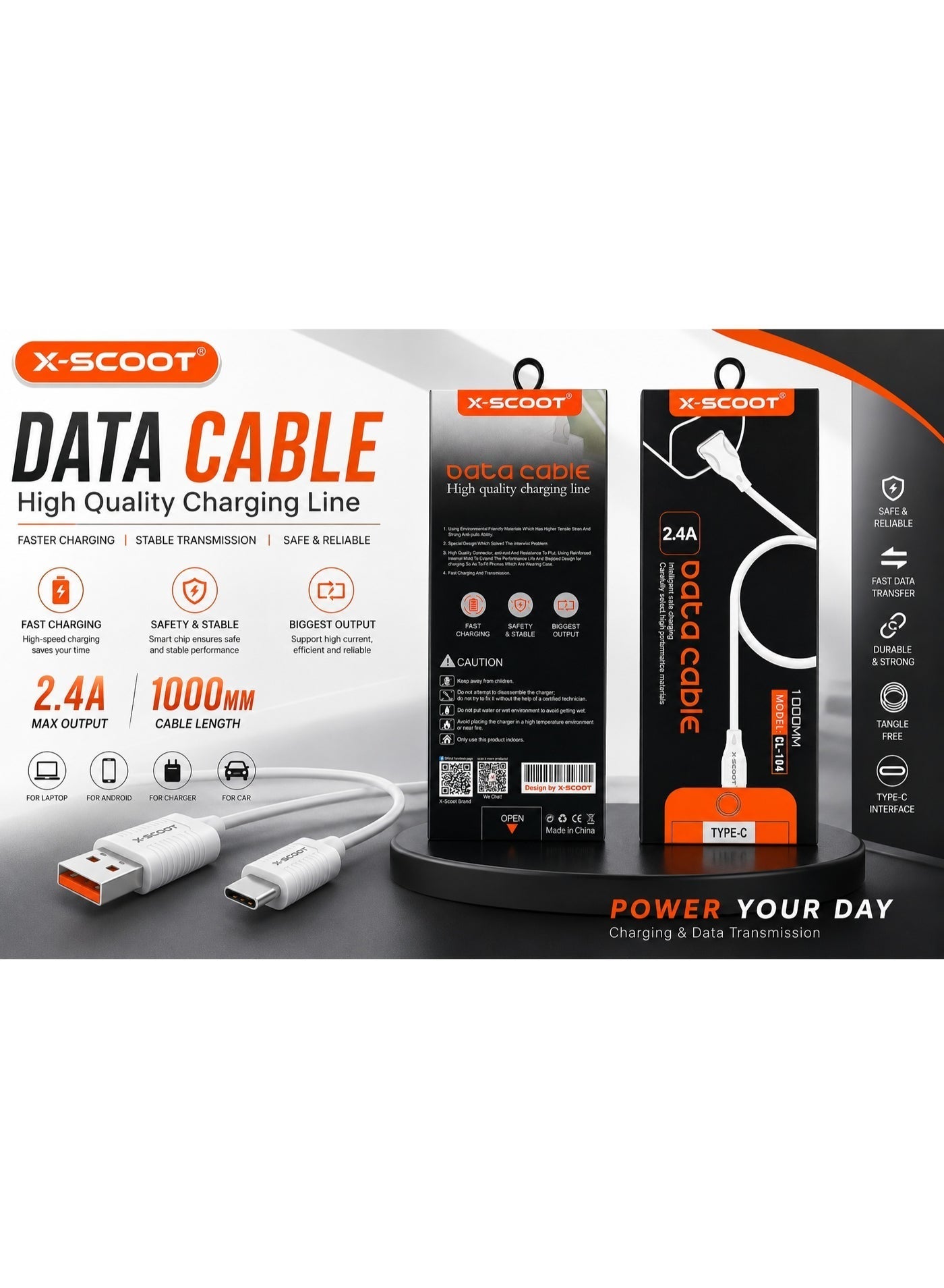 CL-104 USB to USB Type-c Fast Charging Cable 2.4A – 1 Meter High-Speed Charging & Data Transfer, Premium Copper Core for