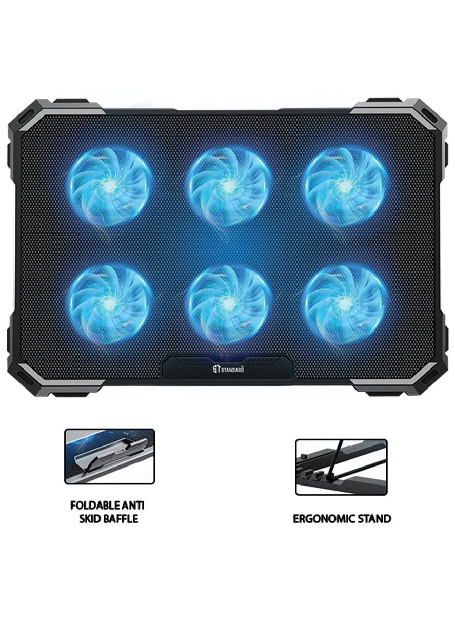 Standard Laptop Cooler Support ICE-06N With blue Led of fans - With rolling speeder , 2USB ports & 6 Levels ( 418*286*28 mm )