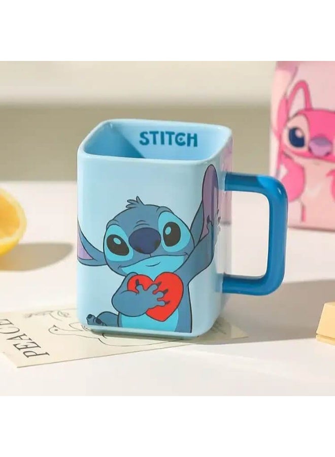 Stitch Ceramic Mug 450ml, Cute Cartoon Square Coffee Mug, Large Capacity Ceramic Tea Cup with Vibrant Character Design, 