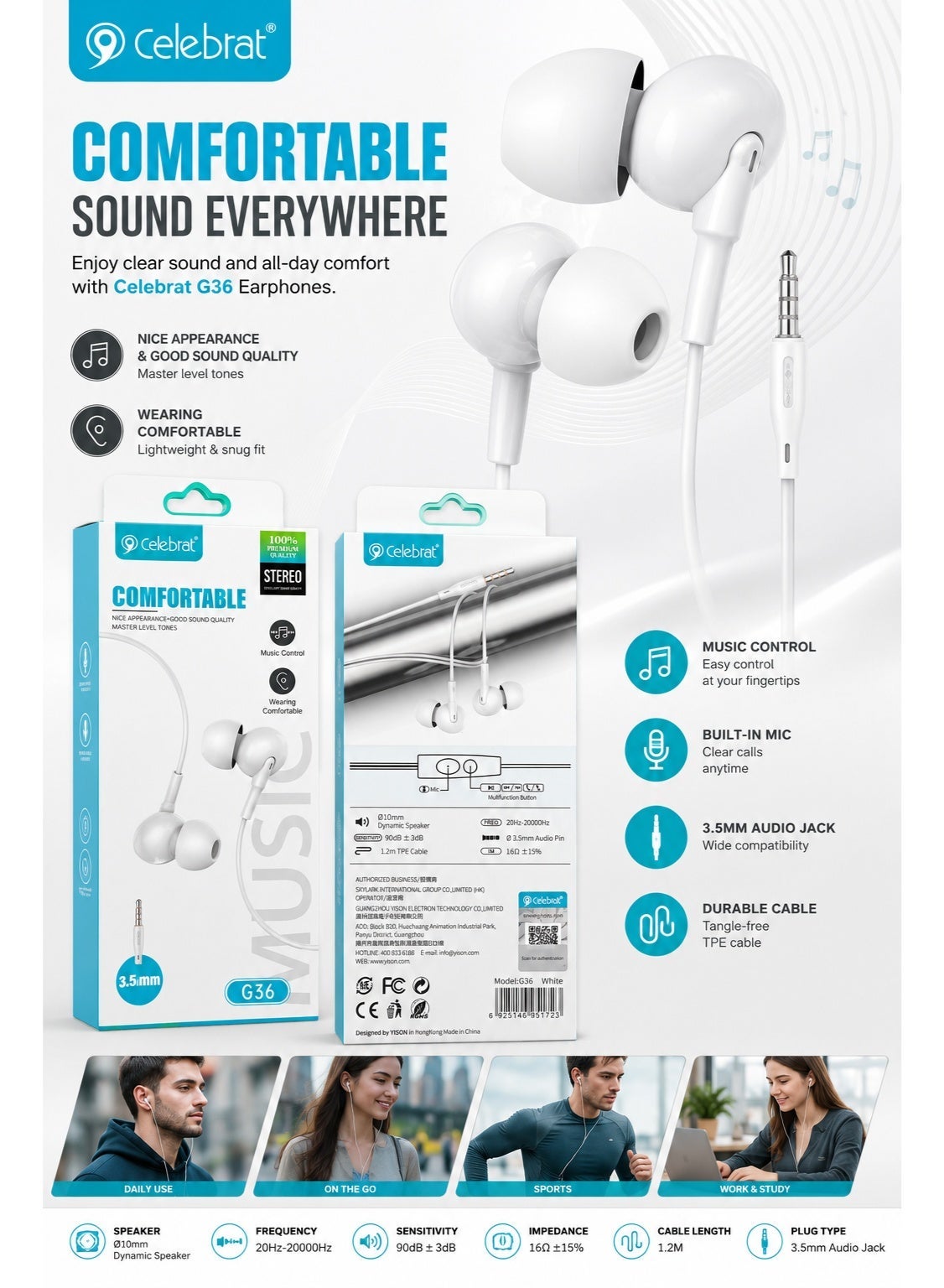 G36 Wired In-Ear Earphones – Clear Stereo Sound Quality, Built-in Microphone for Hands-Free Calls, 1.2m Flat Tangle-Resi