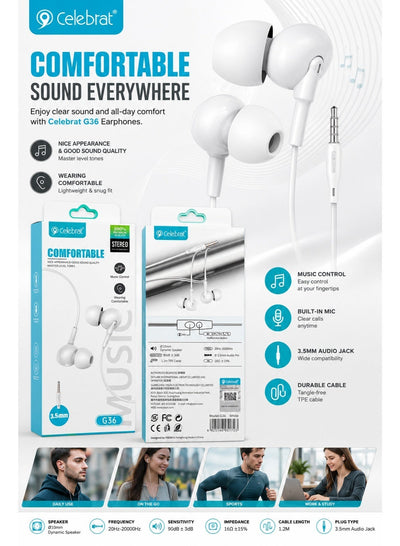 G36 Wired In-Ear Earphones – Clear Stereo Sound Quality, Built-in Microphone for Hands-Free Calls, 1.2m Flat Tangle-Resi