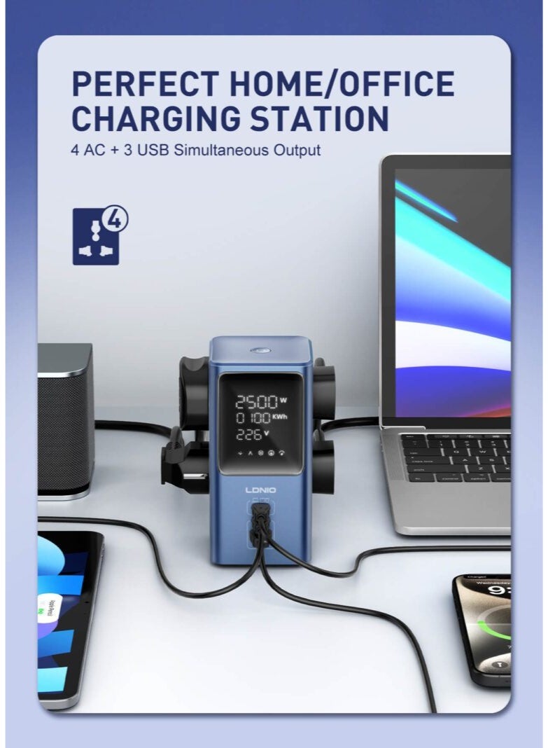 Universal Power Strip with 45W GaN Fast Charging, 2 USB-C and USB-A Charging Ports, 2500W Extension Socket, Desktop Powe